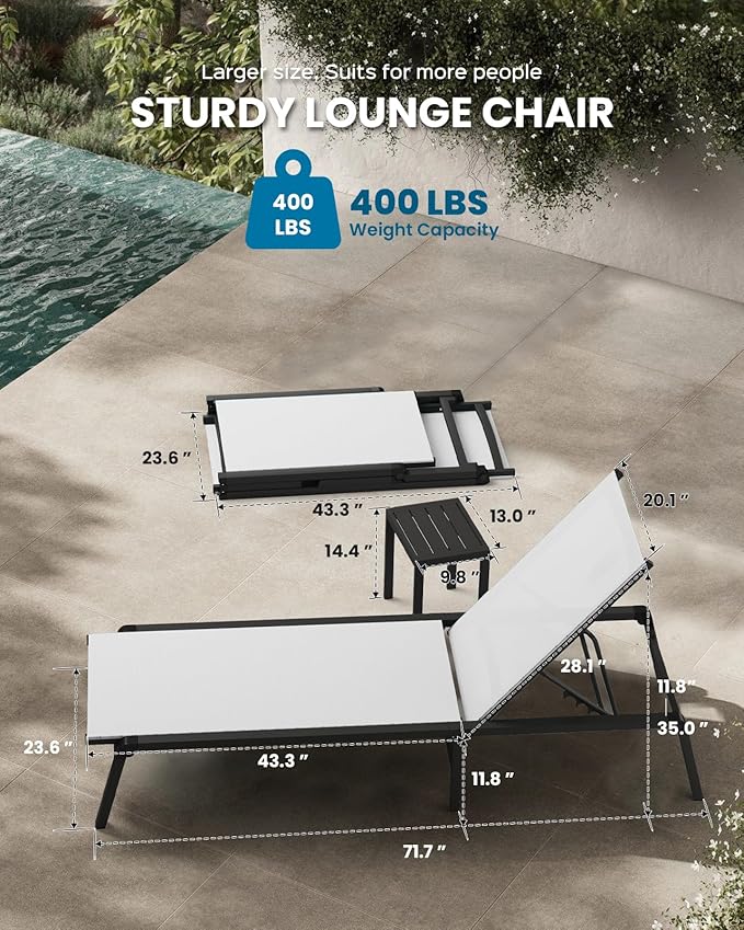 Pool Lounge Chairs Set of 2, Foldable Aluminum Chaise Lounge Outdoor with 5 Positions Recliner - Free Assembly - Patio Chaise Lounge Chair for Poolside, Beach, Yard (White, 2 Pack)