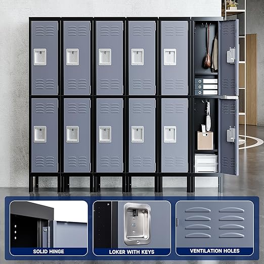 Yizosh Metal Lockers for Employees with Lock, Employees Locker Storage Cabinet with 2 Doors, Tall Steel Storage Locker for Gym, School, Office (Gray Black, 2 Door)