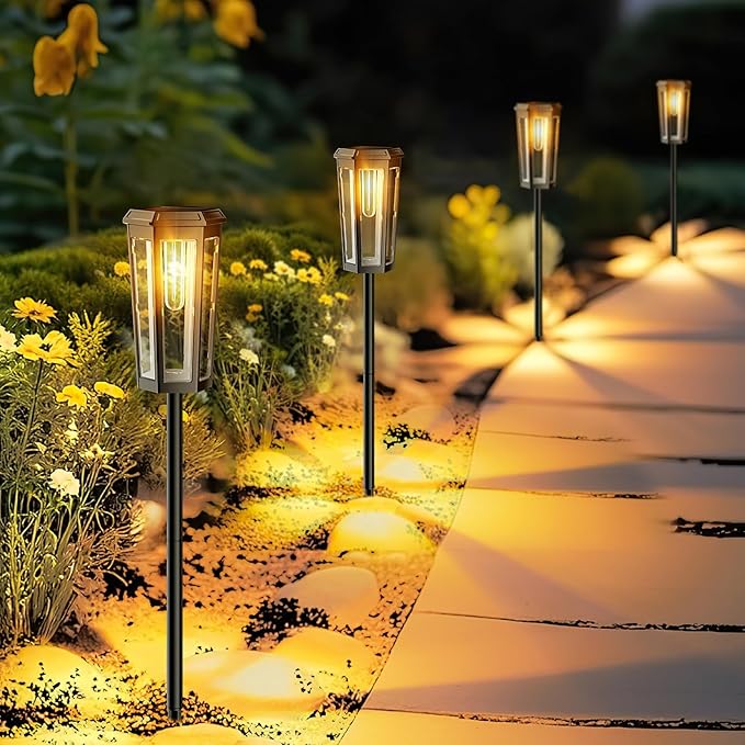 Solar Pathway Lights Outdoor 4 Pack IP65 Waterproof Solar Lights for Garden Yard Solar Powered Landscape Lighting for Patio Walkway Driveway Pathway (Warm Light)