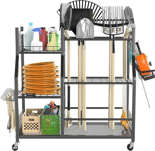 TORACK Garden Tool Organizer with Wheels, Rakes Shovels Yard Tools Stand for Garage, Shed, Garden, Indoor/Outdoor Long-Handled Tools Cart
