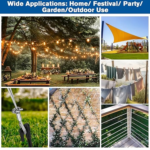 220FT 1/8" Wire Rope Kit - 304 Stainless Steel Cable with Turnbuckles for Cables Wire, Vinyl Coated Hanging Wire for Outdoor String Lights, Camping, Garden Trellis, Hanging Clothes, Pictures, Curtain