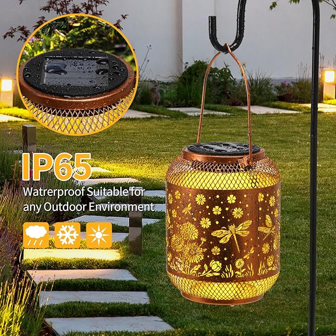 Solar Lanterns Outdoor Waterproof Dragonfly Garden Decor Birthday Gifts for Women Mom Grandma Hanging Solar Lights Metal Decoration Outside for Yard, Patio, Backyard, Porch, Pathway