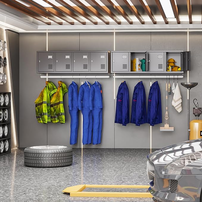 Metal 4 Doors Locker Cabinet with Hanging Rod, Wall-Mounted Storage Lockers for Home, Office, Garage, Storage, Assembly Required, Dark Gray