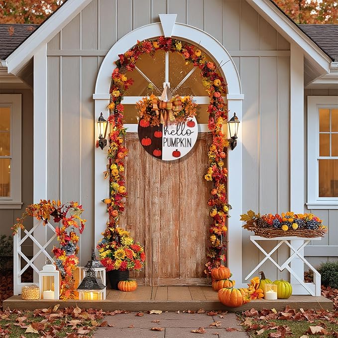 Hello Pumpkin Wooden Door Hanger Fall Outdoor Wreath with Bow & Wreath | Thanksgiving Fall Front Door Decor | Rustic Harvest Farmhouse Sign for Porch, Wall | Indoor Outdoor Autumn Home Decor