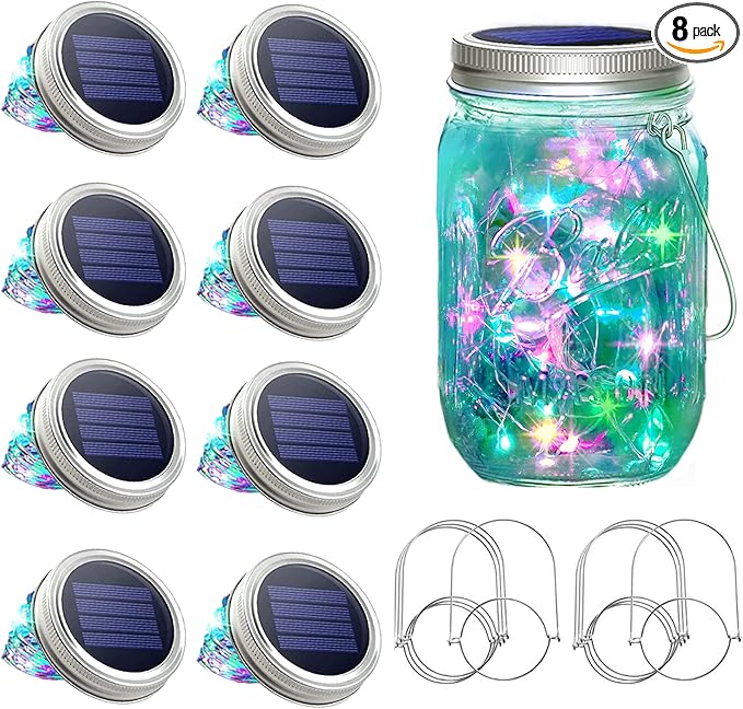 SunKite Solar Mason Jar Lights [Updated], 8 Pack 20 LED Waterproof Fairy Firefly Jar Lids String Lights with Hangers(NO Jars), Patio Yard Garden Wedding Decoration - Colorful