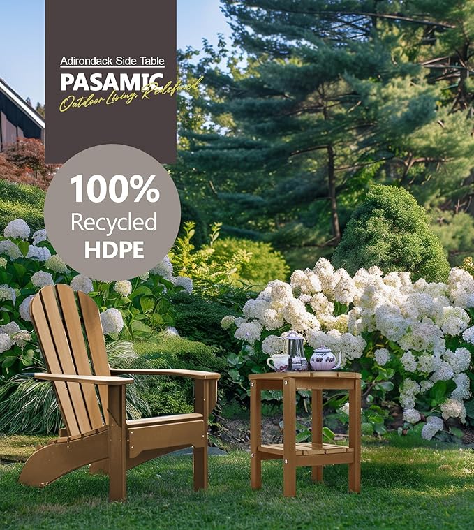 PASAMIC Outdoor Side Table, HDPE Adirondack Oval Side Table with 2-Tier Storage, Weather Resistant Outdoor End Table for Patio, Backyard, Pool, Indoor Companion, Beach, Easy Maintenance Table (Brown)