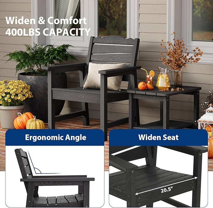 Weatherproof Patio Chair, Poly Lumber Outdoor Patio Chairs with Ergonomic Curved Seat, 400lbs Capacity Outdoor Dining Chairs for Garden, Porch, Lawn & Backyard, Black