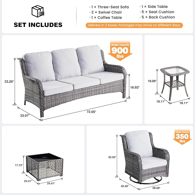 ovios 5 Pieces Patio Furniture Set, Outdoor Wicker Sofa Couch with Swivel Chairs Solar Lights Table, High Back All Weather Modern Conversation Sets, Grey Rattan, Grey