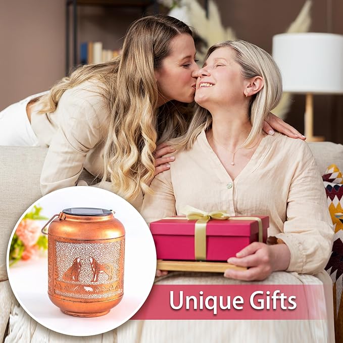 2 Pack Wolf Solar Lanterns Outdoor Waterproof Hanging Solar Lights Wolf Gifts for Women Men Mom Metal Decorative LED Outdoor Lanterns for Patio, Lawn, Landscape, Garden Decor, Yard Decorations