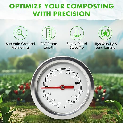 Fishnure - 20” Compost Thermometer, Indoor & Outdoor Thermometer Probe for Composting Bin Heaps, with 1.8” Diameter Celsius Dial & Temperature Gauge, Complements The Compost Starter