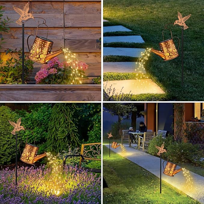 Outdoor Hanging Solar Lantern Waterproof Set Outside Metal Sprinkler Openwork Hummingbird Landscape Lights for Garden Yard Patio Pathway Decor Birthday Gifts for Women Mom Grandma -with Floor Pole