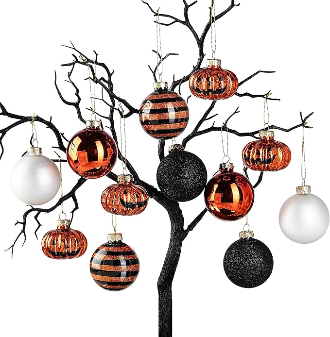Halloween Tree Ornament Decorations Indoor, 12-Pack Pumpkin Decorative Hanging Ball Ornaments Set for Halloween Christmas Tree, Cute Holiday Party Indoor Home Decor