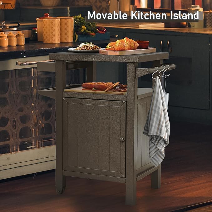 Grill Cart Outdoor with Storage Cabinet, Portable Rolling Patio Bar Cart with Wheels, BBQ Prep Table, Movable Stainless Steel Kitchen Island Dining Cart for Food/Drink/Cooking -Brown