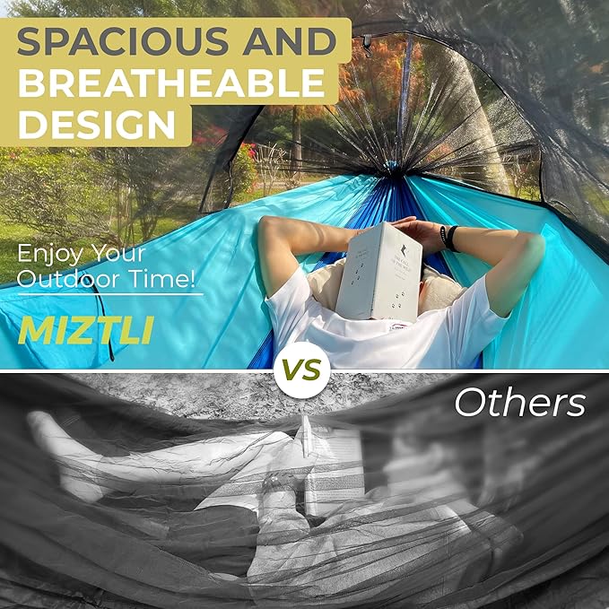 Miztli Camping Hammock -Portable Hammock w/Spacious Net & Tree Straps w/Adjustable Loops, Double and Single Hammock for Outdoor, Indoor, Hiking and Travel