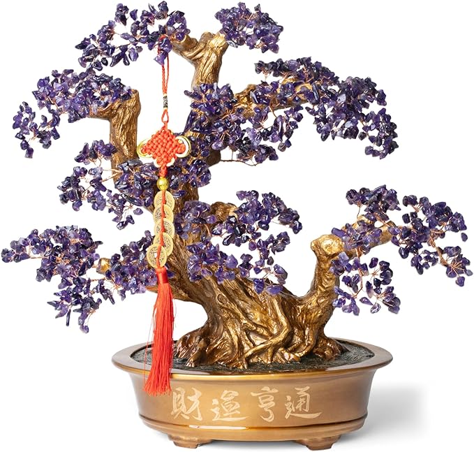 Natural Amethyst Gemstone Crystal Bonsai Tree of Life （1,350 Gemstone Count） Large Feng Shui Money Chakra Tree for Luck and Wealth Desk Decoration 20 Inches