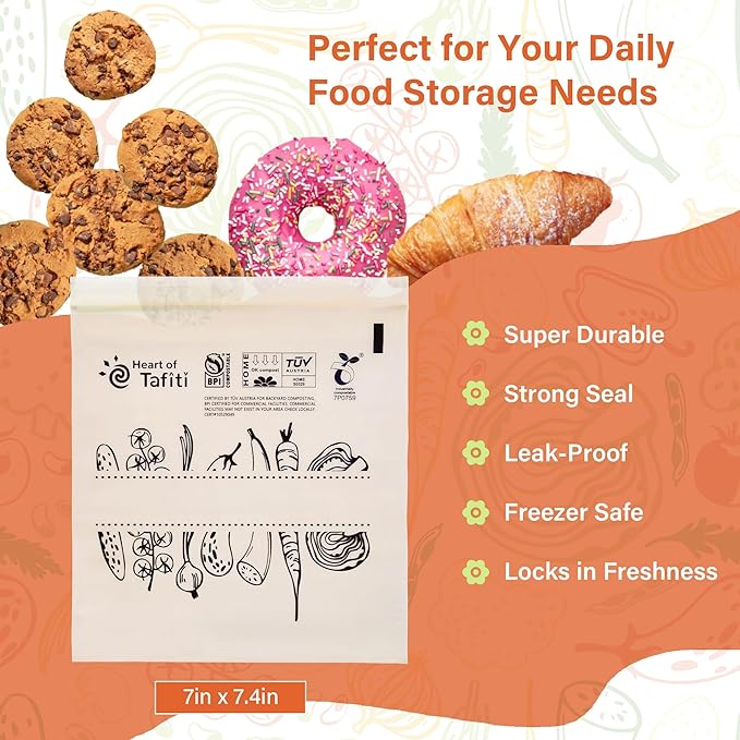 Compostable Food Storage Bags, Resealable Quart Bags, 30 Count, 7 x 7.4 inches, Extra Thick and Reusable, Eco-Friendly, Certified US BPI ASTM D6400 Europe OK Compost