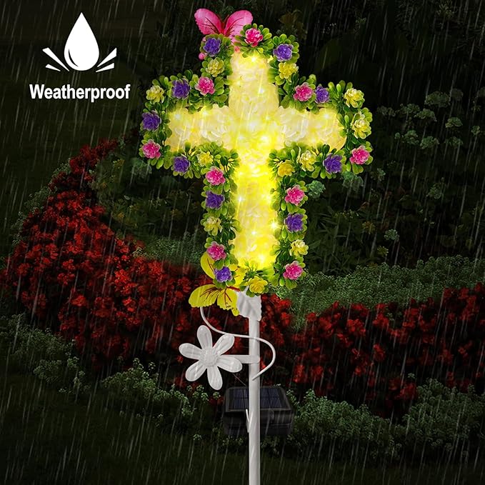 YJFWAL 1 Pack Solar Flowers Cross Garden Stake Lights, Yard Solar Lights Cemetery Decorations For Grave Outdoor Light Jesus Cross Sympathy Memorial Gift For Grandma, Garden Lawn Patio Pathway Deco
