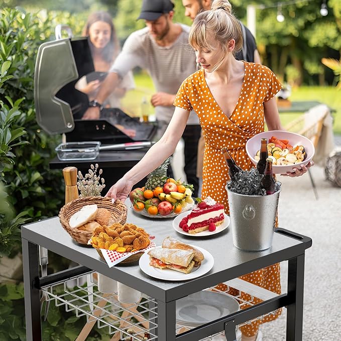 NUUK Outdoor Grill Cart 30"x 24" Pizza Oven Table 3-Shelf with Stainless Steel Top and Sliding Drawer BBQ Grilling Carts Outside Serving Prep Tables Stand