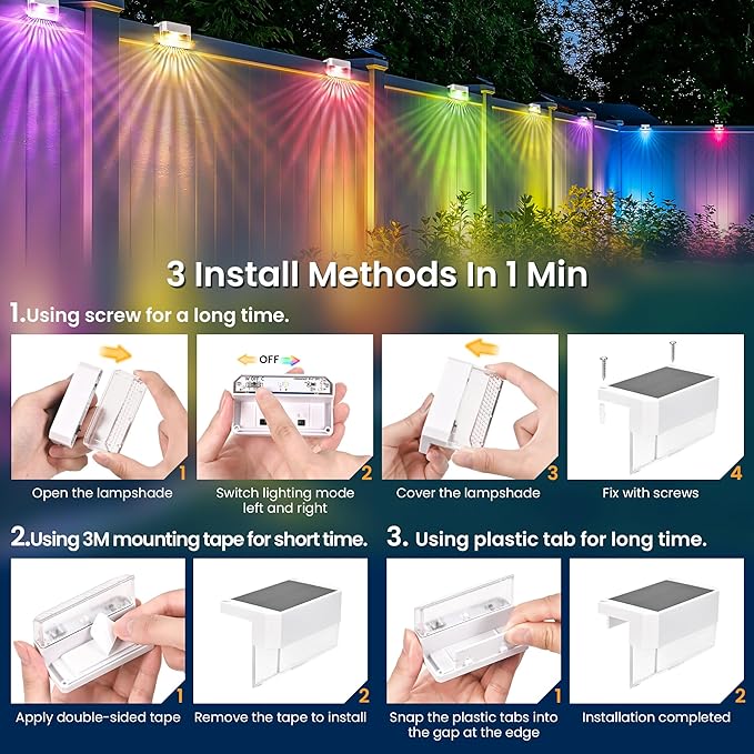 SOLPEX Solar Fence Lights Outdoor,Solar Deck Lights Waterproof Led Solar Lights for Outdoor Stairs,Step,Patio,Yard,Garden,Balcony and Porch,8 Pack Shell-Like Light Spots(White Shell,Warm White&RGB)