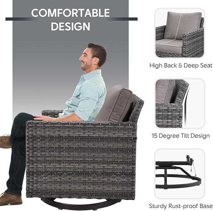 7 Piece Wicker Patio Furniture with Fire Pit Table - Outdoor Conversation Set with 50,000 BTU Fire Pit, All Weather Rattan Patio Set for Deck Backyard Garden - Grey Wicker Grey Cushion