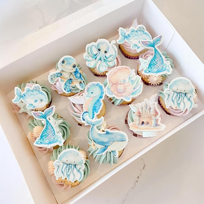 Ephlyn 54Pcs Edible Ocean Animal Cupcake Toppers Wafer Paper Octopus Dolphin Turtle Crab Mermaid Tail Cake Picks for Under the Sea theme Birthday Party Supplies Pink Blue