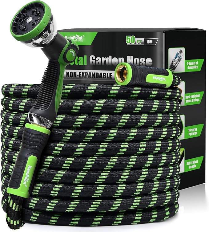 RAINPOINT Metal Garden Hose 50 ft - No-kink 304 Water Hose with 10 mode Nozzle - Brass Connection, Swivel Handle, Flexible Hose,Lightweight, Puncture