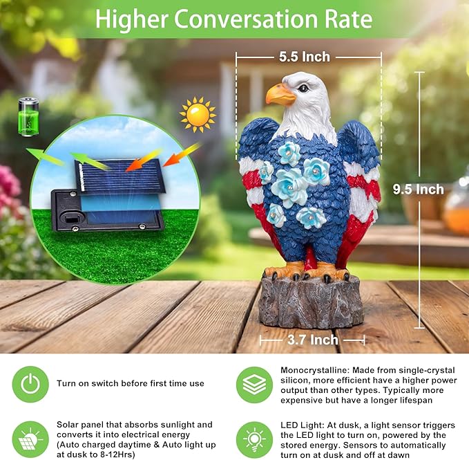 TAKE ME Gardening Gifts Birthday Gifts for Women Garden Outdoor Decor Amercian Eagle Solar Lights Outdoor Eagle Lovers Womens Gfits for Patio, Yard (America Eagle)