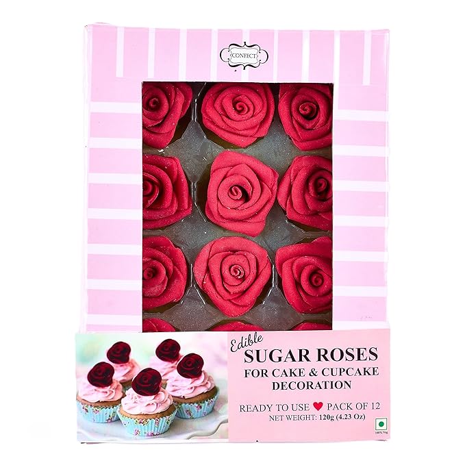 Confect Edible Rose Cake Toppers – Edible Roses for Cupcake & Cake Decorations- Vegan, Gluten-Free, Dairy-Free, Palm Oil-Free -Edible Viva Magenta Roses - Pack of 12