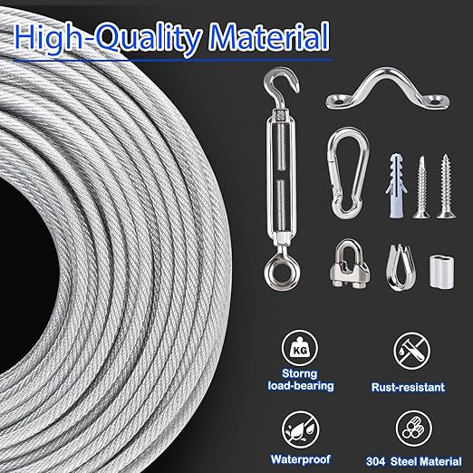 304 Stainless Steel Turnbuckles for Cables Wire Kit, 3/16" Wire Rope w/ 7×7 Strands 200 Ft PVC Coated Steel Cable for Railing System Kit, Garden Cable Trellis, String Light Hanging