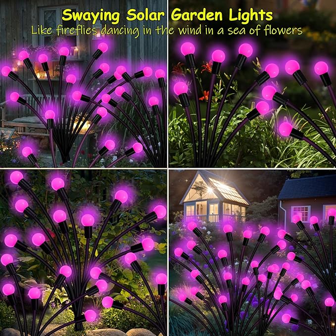 Solar Garden Lights Outdoor, 6 Pack 60 LED Solar Pink Firefly Lights Waterproof, Sway by Wind, Solar Swaying Light for Yard Patio Backyard Garden Planter Flower Bed Pathway Outdoor Decoration