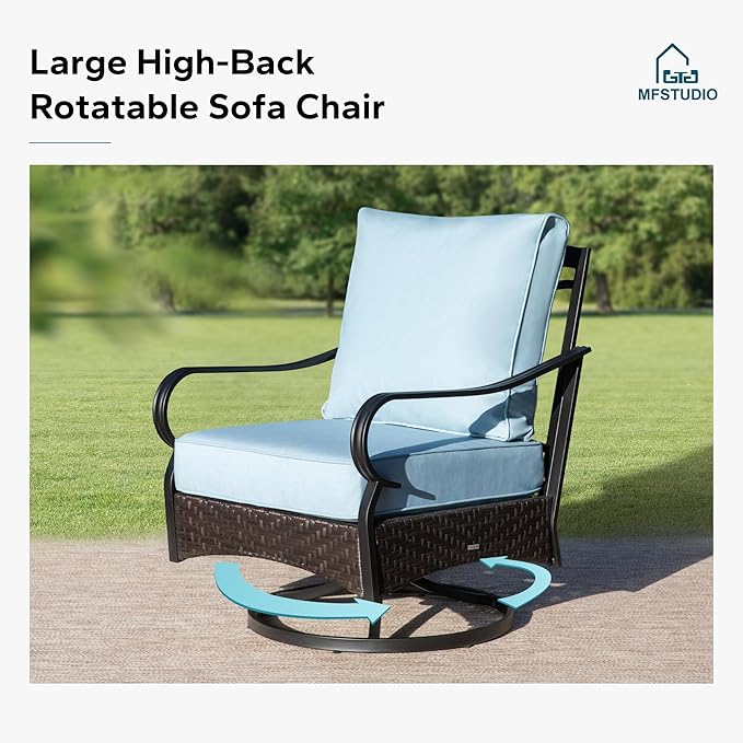 MFSTUDIO 5 PCS Outdoor Patio Furniture Set, Metal Outdoor Conversation Set, Rattan Wicker Patio Sectional Sofa Set with 2 x Swivel Single Sofa, 2-Seat and 3-Seat Sofa, 1 x Coffee Table, Blue