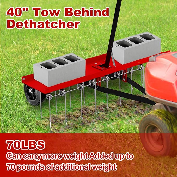 40inch Tow Behind Dethatcher with 20 Spring Steel Tines, Lawn Tractor Rakes with Lift Handle, Tow Behind Rake to Remove Thatch, Riding Lawn Mower Attachments for Outdoor Yard Tools Lawn Care