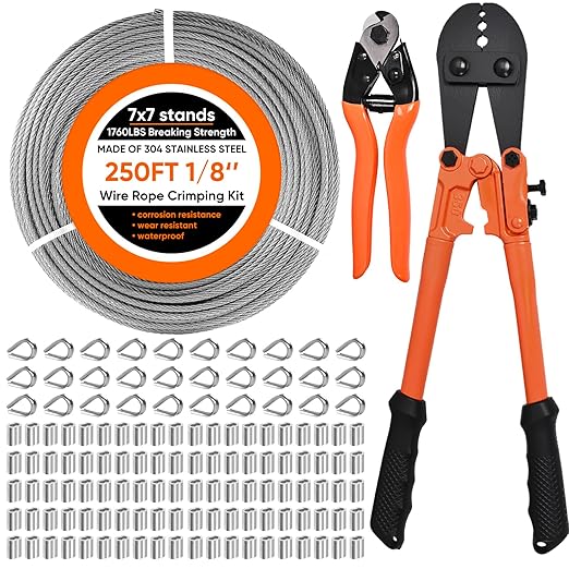 250FT 1/8" Stainless Steel Cable with Wire Rope Crimping Tool and Cable Cutter, 1760 lbs Breaking Strength, 7x7 Strands Aircraft Cable for Deck Railing, Porch Fence, String Light