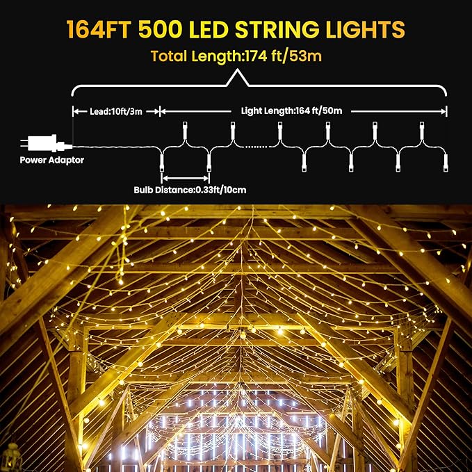 175Ft Christmas Lights Outdoor, 500 LED Christmas String Lights with 8 Modes, Timer, Waterproof Fairy Twinkle Lights for Christmas Party, Garden, Wedding, Holiday, Xmas Tree Decorations (Warm White)