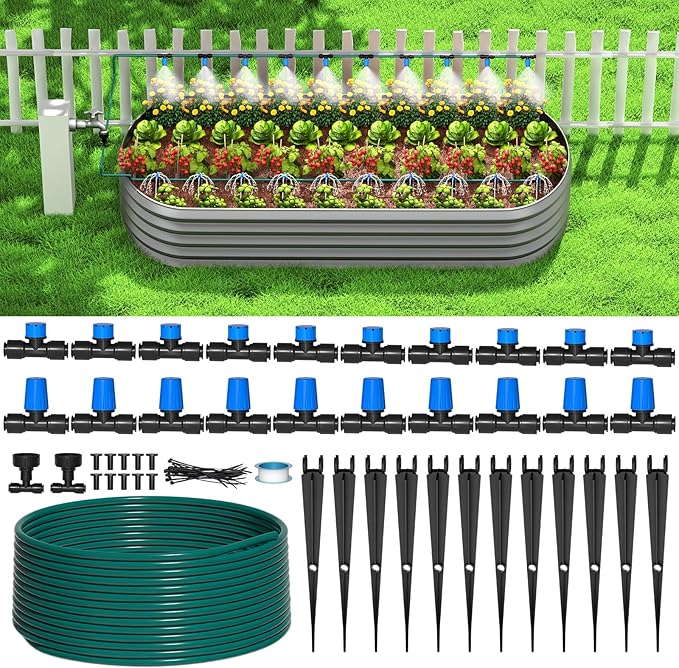 Bonviee 65FT Drip Irrigation System with Quick Connector- New Automatic Drip Irrigation Kits Garden Watering System for Raised Bed Garden Greenhouse with 1/4'' Tubing, Drip Emitters, Connectors