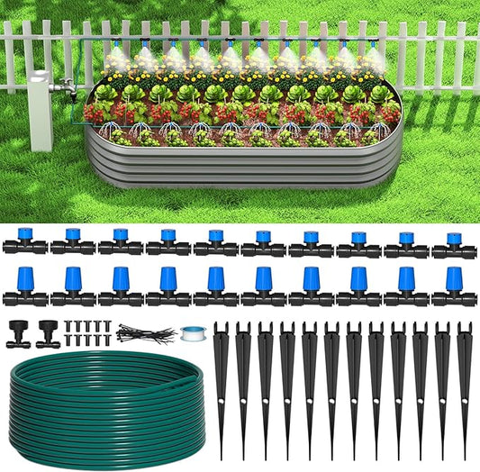 Bonviee 65FT Drip Irrigation System with Quick Connector- New Automatic Drip Irrigation Kits Garden Watering System for Raised Bed Garden Greenhouse with 1/4'' Tubing, Drip Emitters, Connectors