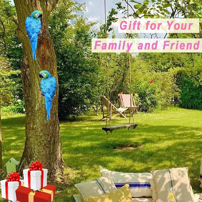 12inch Blue Parrot Tiki Bar Statue for Pool Decorations, Outdoor Parrot Deck Decor, Resin Plastic Parrot Sculpture for Porch, Life Size Tropical Birds for Yard, Tree Faces Animals(Blue)