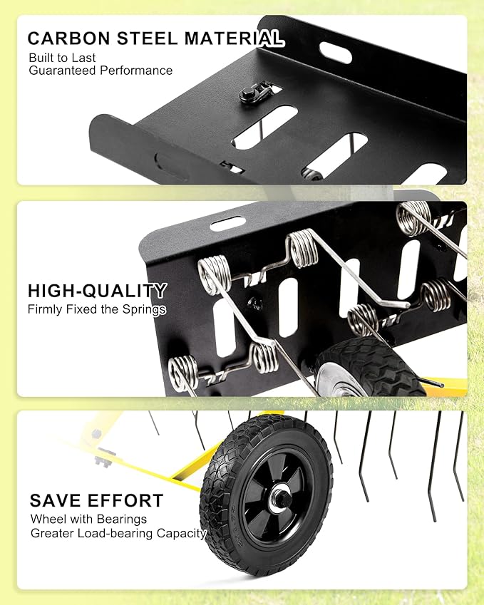 48 Inch Tow Behind Dethatcher, Pull Behind Lawn Dethatcher with 24 Spring Steel Tines, Grass Dethatcher, Removes Thatch, Riding Lawn Tractor for Large Lawns, Yard and Garden Care