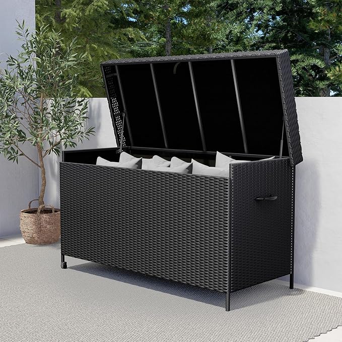 Grand patio 170 Gallon Deck Storage Box Deck Box Outdoor Storage Box Indoor Wicker Storage Bin Patio Storage Box for Patio Furniture Cushions Garden Tools Pool Accessories, Black