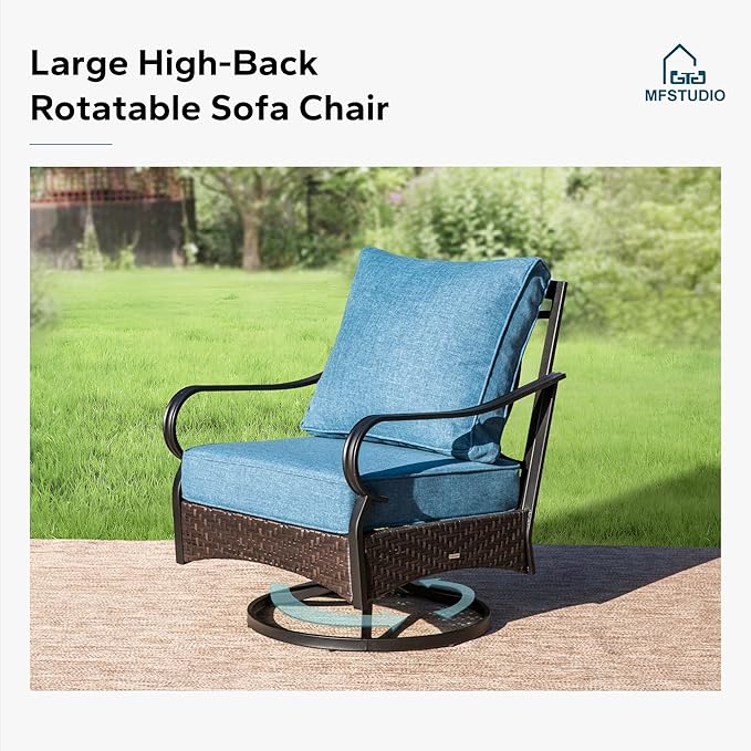 MFSTUDIO 4 Pieces Outdoor Patio Furniture Set, Metal Outdoor Conversation Set, Rattan Wicker Patio Sectional with 2 x Swivel Single Sofa, 3-Seat Sofa, 1 x Coffee Table, Navy Blue