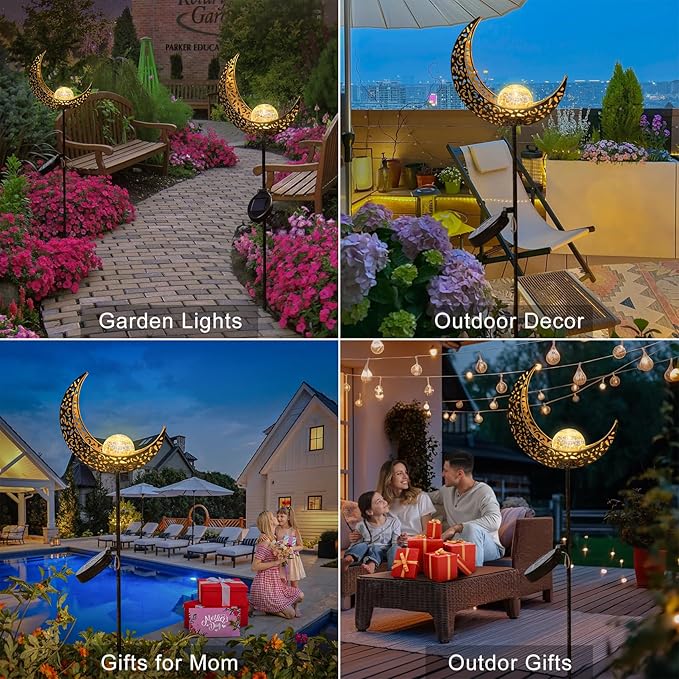 HOMEIMPRO 2Pack Moon Garden Solar Lights Outdoor Stakes Waterproof, Gifts for Mom, Crackle Glass Patio, Backyard Decorations, Balcony Lawn Ornaments, for Women Men Grandma (Bronze)