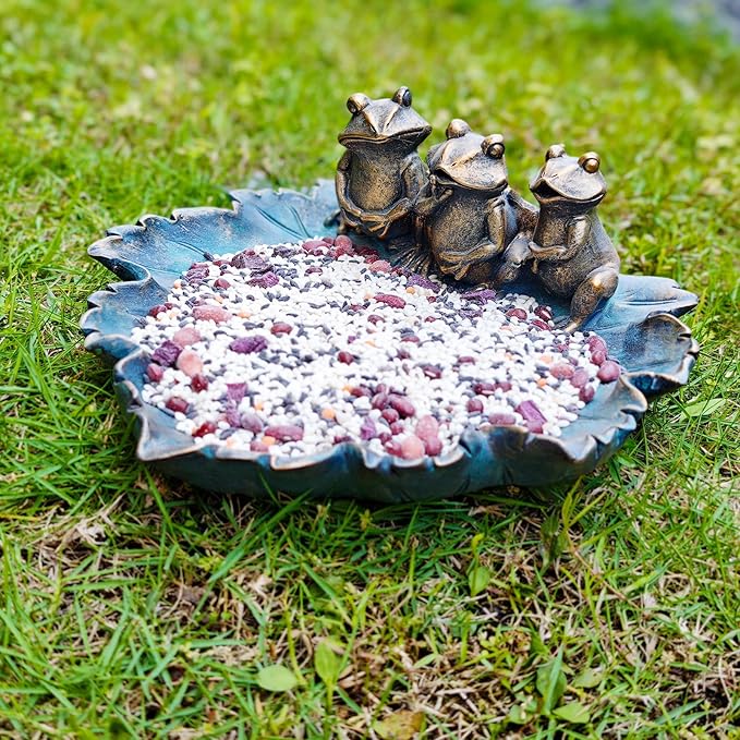 Frog Bird Feeders, Bird Baths for Outdoors, Resin Birdbath Bowl, Outdoor Polyresin Frogs on Leaf Bath Bowl for Outside Yard Table Decor