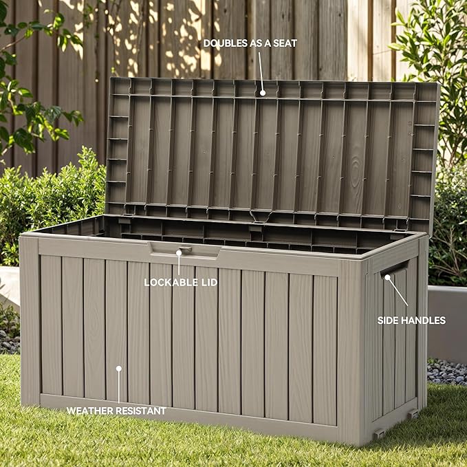 YITAHOME 72 Gallon Outdoor Resin Deck Box with Wheels, Pool Storage Box for Outdoor Cushions, Sports Equipment, Garden Tools, Light Brown