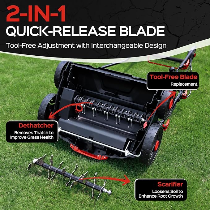 16-Inch 15.5 Amp 2-in-1 Electric Dethatcher and Scarifier with 14.5-Gallon Collection Bag, Lawn Dethatcher with 5-Position Adjustment, Quick-Fold, Keeps Lawn Healthy - Red