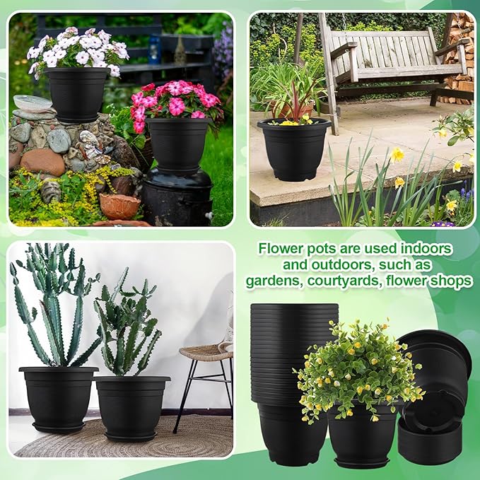 12 Pack Plastic Plant Pots Round Planter Pots with Saucer Tray Seedling Pot Hole Seed Resin Plant Pot Starting Nursery Flower Container with Pallet for Garden Outdoor Indoor (Black,12'')