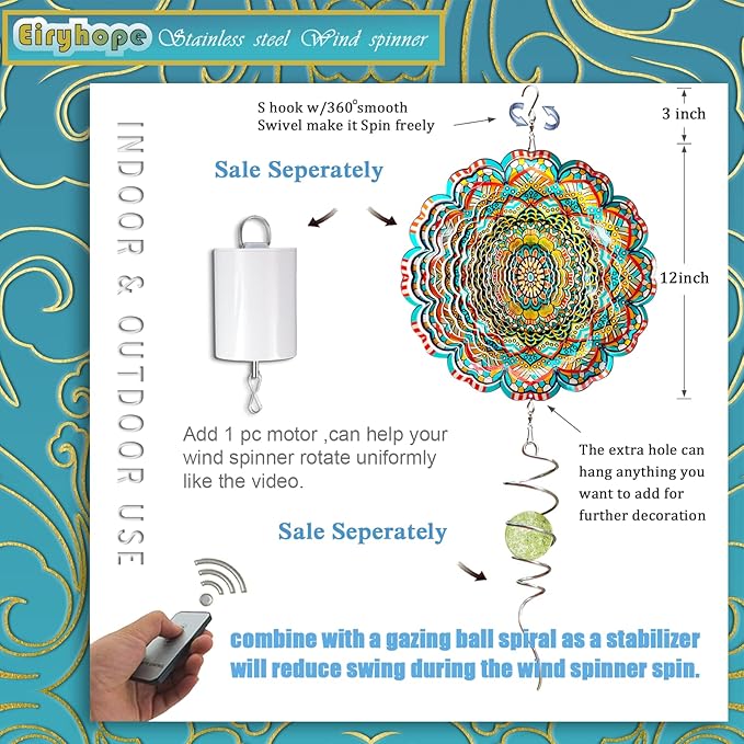 Wind Spinner Lucky Star Mandala Wind Spinners for Garden Yard Hanging Wind Sculptures Create Zen Atmosphere. Kinetic Metal Art Decoration Indoor/Outdoor Decor Mandala Gift for Mom Wife Woman