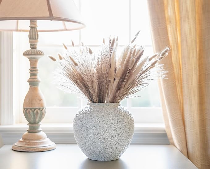 White Ceramic Vase Flower Vase, Big Textured Round Vase for Centerpieces, Kitchen, Living Room, Bedroom Decor Gifts