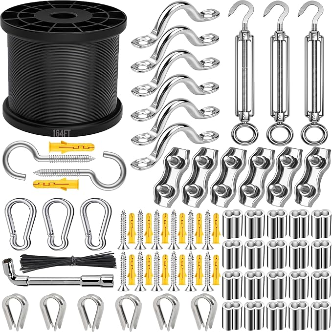 165FT String Light Hanging Kit,304 Stainless Steel Cable Kit - Heavy Duty 480LB Capacity, Adjustable Turnbuckles & Complete Accessories for Clothesline, Garden Rigging