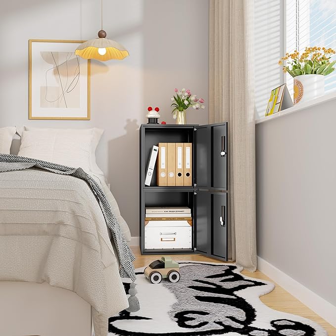 2 Door Metal Vertical Storage Locker for School, Office, Home,Gym,Stackable Steel Storage Cabinet with Lock,Anti-Falling Device. (2 Door, Black)