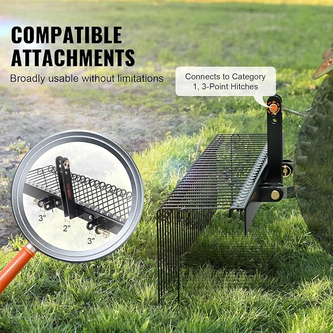 VEVOR Tow Behind Landscape Rake, 72" Tow Dethatcher with 32 Steel Tines, Lawn Dethatcher Rake Attaches to Category 1, 3 Point Hitch for Tractor, for Leaves, Pine Needles, Straw, and Grass